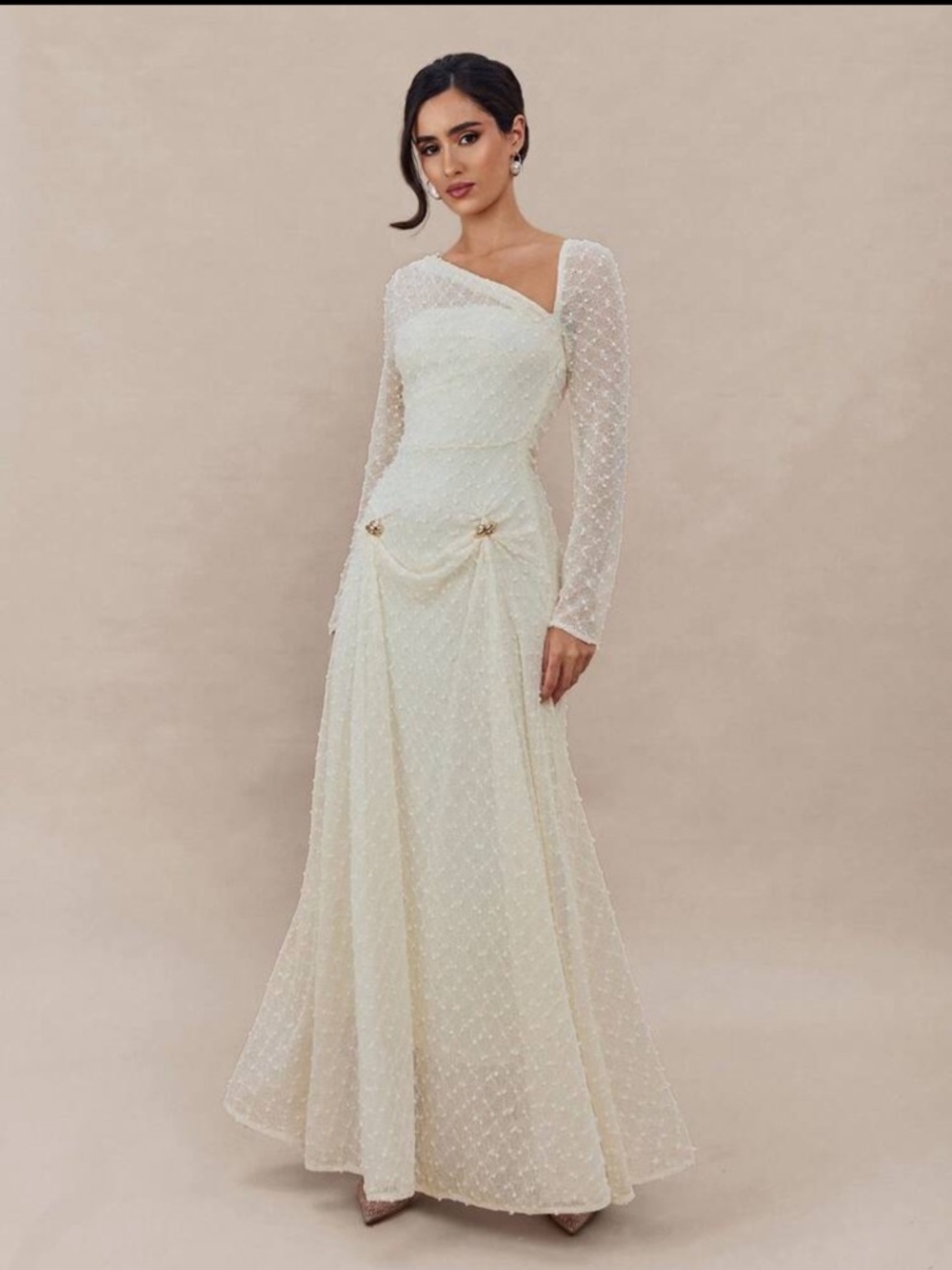 SHEIN Ivory Long Sleeve Draped Maxi Dress
